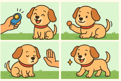 Dog learning sit command with clicker